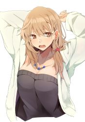 Rule 34 | 1girl, absurdres, arms up, black skirt, breasts, brown hair, cleavage, coat, earrings, highres, jewelry, kazenoko, large breasts, looking at viewer, necklace, open mouth, original, piercing, raised eyebrow, simple background, skirt, solo, white background, white coat