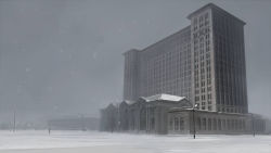Rule 34 | building, city, detroit, grey sky, grey theme, lamppost, landscape, michigan central station, no humans, real world location, realistic, scenery, seo tatsuya, sky, snow, snowing, train station, tree, united states, winter