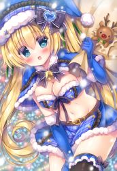 Rule 34 | 1girl, :d, animal, bad id, bad pixiv id, bell, black bow, black thighhighs, blonde hair, blue capelet, blue eyes, blue gloves, blue headwear, blue skirt, blurry, blurry background, blush, bow, breasts, capelet, christmas, christmas ornaments, christmas tree, cleavage, commentary request, depth of field, elbow gloves, fur-trimmed capelet, fur-trimmed headwear, fur-trimmed skirt, fur-trimmed sleeves, fur trim, gloves, groin, hair between eyes, heart, highres, holding, holding sack, kouta., looking at viewer, medium breasts, navel, open mouth, original, plaid, plaid capelet, plaid headwear, plaid skirt, reindeer, sack, single thighhigh, skirt, smile, solo, thighhighs, twintails