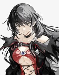 Rule 34 | 1girl, back hair, bare shoulders, belt, black hair, black jacket, breasts, center cross lace, cleavage, cross-laced clothes, highres, jacket, medium breasts, off-shoulder jacket, off shoulder, red shirt, revealing clothes, shirt, simple background, solo, tales of (series), tales of berseria, tiyi (tiyi a09), upper body, velvet crowe, white background, yellow eyes