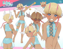 Rule 34 | 1boy, ass, bare shoulders, barefoot, bikini, bird, blonde hair, blue bikini, blue eyes, braid, chicken, dark skin, demon boy, demon horns, elf, fang, from behind, head wings, heart, heart-shaped pupils, highres, horns, looking at viewer, looking back, male focus, medium hair, mubo, multiple views, navel, one eye closed, open mouth, original, pink horns, pointy ears, side braid, smile, swimsuit, symbol-shaped pupils, tongue, tongue out, trap, v, white background, wings