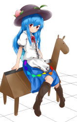 Rule 34 | 1girl, black headwear, blue hair, blue skirt, blush, boots, bow, bowtie, breasts, brown footwear, center frills, closed mouth, collared shirt, commentary request, cookie (touhou), expressionless, food, frills, fruit, full body, hair between eyes, highres, hinanawi tenshi, ichimura oma, leaf, leaning back, long hair, looking at viewer, peach, puffy short sleeves, puffy sleeves, rainbow order, red bow, red bowtie, red eyes, shirt, short sleeves, skirt, small breasts, solo, touhou, white background, white shirt, wooden horse, yumekamaborosh