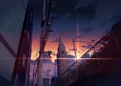 Rule 34 | absurdres, aobara1101, building, cloud, commentary request, evening, fence, gradient sky, highres, lens flare, no humans, ntt docomo yoyogi building, original, outdoors, power lines, railroad tracks, scenery, sky, skyscraper, sun, sunset, utility pole
