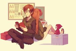 Rule 34 | 1boy, 1girl, age difference, aida kensuke, back-to-back, boots, brown hair, doll, evangelion: 3.0+1.0 thrice upon a time, glasses, hair ornament, hairclip, handheld game console, highres, hood, hood down, jacket, legs, long hair, looking back, neon genesis evangelion, rebuild of evangelion, sitting, souryuu asuka langley, toolbox, tools