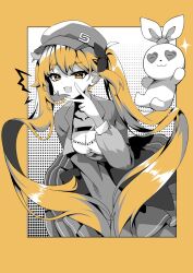 Rule 34 | 1girl, :d, bao bao (dokibird), breasts, cleavage, cowboy shot, dokibird (vtuber), fang, gamer supps, hat, indie virtual youtuber, jacket, leaning forward, long hair, long sleeves, looking at viewer, open clothes, open jacket, open mouth, skin fang, skirt, small breasts, smile, solo, trap (drthumt), twintails, v, very long hair, virtual youtuber, yellow background, yellow eyes
