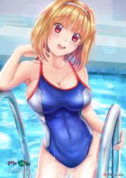 Rule 34 | 1girl, absurdres, aqua one-piece swimsuit, blonde hair, breasts, cleavage, competition swimsuit, highres, kushida kikyou, large breasts, lohmijo, looking at viewer, non-web source, one-piece swimsuit, open mouth, pool, poolside, red eyes, school swimsuit, self-upload, short hair, smile, solo, standing, swimming, swimsuit, water, youkoso jitsuryoku shijou shugi no kyoushitsu e