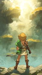 Rule 34 | 1980s (style), 1boy, archaic set (zelda), arm tattoo, asymmetrical clothes, belt, black skin, blonde hair, bow (weapon), bracer, colored skin, commentary, corruption, day, english commentary, from behind, highres, holding, holding bow (weapon), holding weapon, link, male focus, malin falch, medium hair, multicolored skin, nintendo, oldschool, retro artstyle, sandals, single sleeve, solo, sunlight, tattoo, the legend of zelda, the legend of zelda: breath of the wild, the legend of zelda: tears of the kingdom, tunic, weapon, white tunic