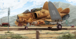 Rule 34 | absurdres, aircraft, airplane, bomb, canopy (aircraft), cloud, dagova (artist), damaged, dirty, explosive, fighter jet, food, fruit, grass, gun, highres, jet, landing gear, machine gun, machinery, military, military vehicle, missile, mountainous horizon, original, pilot chair, realistic, roundel, runway, science fiction, tent, thrusters, vehicle focus, watermelon, weapon