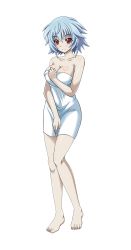 Rule 34 | 10s, 1girl, bare shoulders, barefoot, blue hair, breasts, cleavage, collarbone, eyebrows, feet, full body, highres, infinite stratos, large breasts, looking at viewer, naked towel, red eyes, sarashiki tatenashi, short hair, smile, solo, towel, transparent background, white towel