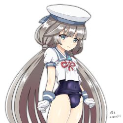 Rule 34 | 1girl, artist name, blue one-piece swimsuit, blue sailor collar, dated, gloves, green eyes, grey hair, hat, kantai collection, long hair, looking at viewer, low twintails, mikura (kancolle), one-piece swimsuit, puffy short sleeves, puffy sleeves, sailor collar, sailor hat, sailor shirt, school swimsuit, shirt, short sleeves, signature, smile, solo, swimsuit, swimsuit under clothes, tk8d32, twintails, white gloves, white hat, white shirt