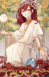 Rule 34 | 1girl, absurdres, ancient greek clothes, earth (ornament), flower, greco-roman clothes, hecatia lapislazuli, highres, laurel crown, medium hair, moon (ornament), outdoors, red eyes, red flower, red hair, short sleeves, smile, solo, spider lily, touhou, underworld (ornament), user hcmp3752