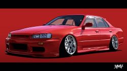 Rule 34 | artist name, car, glint, highres, letterboxed, motor vehicle, nissan, nissan skyline, nissan skyline r34, no humans, original, red background, solo, vehicle focus, yuh 7929