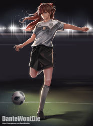 Rule 34 | 1girl, 2018 fifa world cup, artist name, bad id, bad pixiv id, ball, black shorts, blue eyes, brown hair, chinese commentary, commentary request, dantewontdie, female focus, full body, hair between eyes, hair ornament, highres, kicking, kneehighs, long hair, neon genesis evangelion, shirt, short hair, shorts, soccer, soccer ball, socks, solo, souryuu asuka langley, sweat, t-shirt, twintails, white socks, world cup