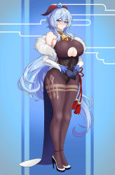 Rule 34 | 1girl, absurdly long hair, adapted costume, ahoge, alternate breast size, alternate hair length, alternate hairstyle, ass, bare shoulders, black pantyhose, blue hair, blush, breasts, clothing cutout, cowbell, curvy, ganyu (genshin impact), genshin impact, goat horns, hella p, high heels, highres, horns, huge ass, huge breasts, legs, light blue hair, long hair, pantyhose, purple eyes, solo, thighs, underboob cutout, very long hair, wide hips