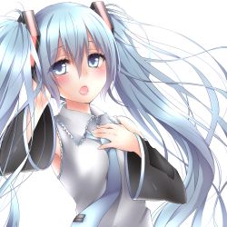 Rule 34 | 1girl, ayuteisyoku, blue eyes, blue hair, detached sleeves, hand on own chest, hatsune miku, highres, long hair, matching hair/eyes, necktie, open mouth, solo, twintails, vocaloid, white background