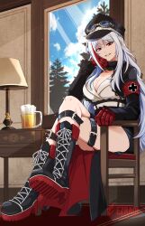 Rule 34 | 1girl, absurdres, alcohol, armband, artist name, azur lane, beer, beer glass, belt, belt buckle, black belt, black footwear, black hat, blue sky, boots, breasts, buckle, chair, cosplay, cross, cross-laced footwear, crossed legs, day, deutschland (azur lane), deutschland (azur lane) (cosplay), earrings, ezraqi, full body, goggles, goggles on headwear, grin, hat, highres, iron cross, jewelry, lace-up boots, lamp, long hair, long sleeves, looking at viewer, military, military uniform, mole, mole on breast, multicolored hair, platform boots, platform footwear, red hair, shoe soles, sitting, sky, smile, solo, streaked hair, sunlight, table, tallinn (azur lane), uniform, watermark, white hair, window