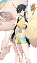 Rule 34 | 1girl, arm at side, bar censor, bare shoulders, barefoot, bike shorts, black hair, blue eyes, blue nails, blunt bangs, breasts, censored, close-up, closed mouth, coat, collarbone, commentary request, creatures (company), elesa (pokemon), female pubic hair, fur coat, game freak, hand up, headphones, highres, looking to the side, multiple views, nail polish, nintendo, pokemon, pokemon bw2, pubic hair, pussy, short hair with long locks, soles, spread pussy, toes, white background, yellow coat, yuuyuu (yuuki1771)
