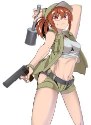 Rule 34 | 1girl, :&lt;, absurdres, arm over head, arm up, bare arms, belt, breasts, brown hair, closed mouth, commentary, explosive, fio germi, glasses, green shorts, grenade, gun, hair between eyes, handgun, hat, highres, holding, legs apart, medium breasts, metal slug, navel, ponytail, red eyes, shirt, shorts, sidelocks, simple background, sleeveless, sleeveless shirt, solo, stielhandgranate, sweat, thighs, user akxe3354, vest, weapon, white background, white shirt