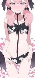 Rule 34 | 1girl, absurdres, bbizim03, bikini, bikini bottom pull, black bikini, black bow, black wings, blue archive, blush, bow, close-up, collarbone, cowboy shot, floral print, hair bow, head wings, heart, highres, koharu (blue archive), koharu (swimsuit) (blue archive), long hair, low wings, navel, parted lips, pink eyes, pink hair, pulled by self, simple background, solo, swimsuit, twintails, white background, wings