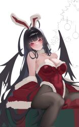 1girl alternate_costume animal_ears antenna_hair black_hair black_pantyhose black_wings blue_archive breasts christmas_tree cleavage closed_mouth fake_animal_ears gift highres large_breasts leotard long_hair looking_at_viewer musclexm pantyhose playboy_bunny rabbit_ears red_eyes red_leotard santa_leotard smile solo tsurugi_(blue_archive) wings