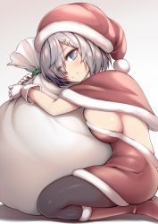 Rule 34 | 10s, 1girl, bad id, bad pixiv id, black pantyhose, blue eyes, breast press, breasts, capelet, christmas, dress, eyes visible through hair, from side, gloves, hair ornament, hair over one eye, hairclip, hamakaze (kancolle), hat, kantai collection, large breasts, light smile, looking at viewer, off-shoulder dress, off shoulder, pantyhose, red dress, ribucci, santa costume, santa hat, short dress, short hair, sideboob, silver hair, sitting, skindentation, solo, white gloves