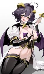 Rule 34 | 1girl, ahoge, black hair, blush, breasts, bridal gauntlets, demon wings, fang, gradient background, grey background, hair between eyes, highres, hiiragi utena, holding, holding riding crop, holding whip, horns, jiu ye sang, large breasts, looking at viewer, magia baiser, mahou shoujo ni akogarete, navel, open mouth, pasties, purple wings, riding crop, short hair, signature, sitting, solo, star pasties, teeth, whip, wings, yellow eyes, yellow horns