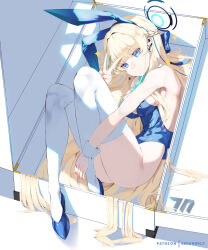 Rule 34 | 1girl, animal ears, bare shoulders, blonde hair, blue archive, blue bow, blue eyes, blue hairband, blue leotard, bow, bowtie, braid, breasts, closed mouth, detached collar, earpiece, earrings, fake animal ears, hairband, halo, high heels, highleg, highleg leotard, highres, jewelry, leotard, long hair, lying, medium breasts, microphone, official alternate costume, official alternate hairstyle, on side, playboy bunny, rabbit ears, sonaworld, stud earrings, suitcase, thighhighs, thighs, toki (blue archive), toki (bunny) (blue archive), v, very long hair, white thighhighs, wrist cuffs