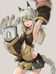 Rule 34 | 10s, 1girl, absurdres, animal ears, arm up, armpits, bad id, bad pixiv id, claws, erune, fang, granblue fantasy, grey background, highres, koretsuki aduma, one eye closed, open mouth, pleated skirt, red eyes, sen (granblue fantasy), side slit, simple background, skirt, solo, white hair, wince