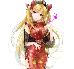 Rule 34 | 1girl, akatsuki hijiri, alternate costume, blonde hair, bow, china dress, chinese clothes, cowboy shot, dress, earrings, ereshkigal (fate), fate/grand order, fate (series), floral print, hair bow, highres, jewelry, long hair, red dress, red eyes, shawl, simple background, smile, solo, tiara, two side up, white background