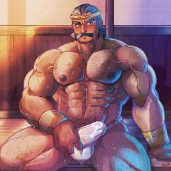 Rule 34 | 1boy, arm hair, bara, black hair, blush, bulge, collarbone, cowboy shot, creatures (company), erection, erection under clothes, facial hair, fundoshi, game freak, hairband, hairy, japanese clothes, kamado (pokemon), large pectorals, leaning back, leg hair, looking at viewer, male focus, male underwear, mature male, muscular, muscular male, mustache, navel, navel hair, nintendo, nipples, on floor, onionworkshop, pectorals, pokemon, pokemon legends: arceus, sideburns, sitting, solo, sweat, thick arms, thick eyebrows, thick thighs, thighs, topless male, underwear, underwear only, veins, veiny arms, veranda, white male underwear, wooden floor, yellow wristband