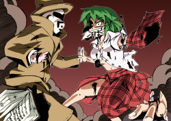 Rule 34 | 1girl, amputee, artist request, battle, blood, book, cleaver, coat, constricted pupils, crazy, crazy smile, crossover, dc comics, faceless, faceless male, fighting, green hair, hat, injury, kazami yuuka, knifed, m.u.g.e.n, mask, midriff, plaid, plaid skirt, plaid vest, rorschach, severed hand, skirt, skirt set, smile, solo, sumikaze midi, torn clothes, touhou, trench coat, vest, watchmen