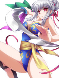 Rule 34 | 1girl, bare shoulders, blush, breasts, cleavage, collar, hair ribbon, hair up, highres, large breasts, leg up, leotard, looking at viewer, monety, open mouth, original, red eyes, ribbon, short hair, sidelocks, silver hair, solo, sword, weapon