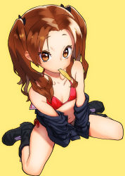 Rule 34 | 1girl, bikini, bikini under clothes, black footwear, black jacket, boots, breasts, brown eyes, brown hair, commentary request, girls und panzer, highres, jacket, kadotani anzu, long hair, looking at viewer, mouth hold, ooarai military uniform, ouma bunshichirou, parted bangs, red bikini, side-tie bikini bottom, simple background, small breasts, solo, swimsuit, swimsuit under clothes, twintails, yellow background