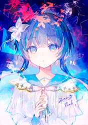 Rule 34 | 1girl, 2023, absurdres, blue background, blue eyes, blue hair, blue sailor collar, blush, colorful, dot nose, flower, hair flower, hair ornament, head tilt, highres, irodori warabi, long bangs, long sleeves, looking at viewer, neck ribbon, original, own hands together, parted lips, raised eyebrows, ribbon, sailor collar, shirt, short hair with long locks, sidelocks, signature, sleeve cuffs, solo, straight-on, thank you, upper body, white flower, white ribbon, white shirt