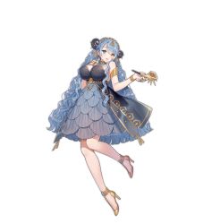 Rule 34 | 1girl, ark order, artist request, bare shoulders, blue eyes, blue hair, bracelet, breasts, chain, conch, curled horns, diadem, dress, earrings, full body, gold earrings, gold footwear, grey dress, heterochromia, high heels, horn ornament, horns, jewelry, large breasts, layered dress, long hair, makara (ark order), multiple rings, necklace, official art, ring, seashell, shell, sidelocks, smoking pipe, solo, tachi-e, tassel, thighlet, transparent background, very long hair, water, waving, wavy hair, yellow eyes
