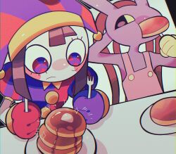 Rule 34 | 1boy, 1girl, animal ears, asymmetrical gloves, black eyes, blue eyes, blue gloves, blue headwear, blush stickers, brown hair, butter, colored sclera, food, fork, gloves, hat, hat bell, highres, holding, holding fork, holding knife, jax (the amazing digital circus), jester, jester cap, jester costume, knife, maple syrup, mismatched gloves, multicolored clothes, multicolored headwear, otya 0035, overalls, pancake, pancake stack, pink overalls, plate, pomni (the amazing digital circus), puffy short sleeves, puffy sleeves, rabbit boy, rabbit ears, red eyes, red gloves, red headwear, red overalls, short hair, short sleeves, striped clothes, striped headwear, the amazing digital circus, two-tone eyes, vertical-striped bodysuit, vertical-striped clothes, vertical-striped headwear, yellow gloves, yellow sclera