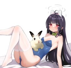 Rule 34 | 1girl, absurdres, animal on stomach, arm support, ass, bare shoulders, black hair, blue archive, blue leotard, blunt bangs, blush, bow, bowtie, breasts, green bow, green bowtie, hairband, halo, highres, leaning back, leg up, leotard, long hair, looking at viewer, medium breasts, miyu (blue archive), rabbit, red eyes, solo, soradally, strapless, strapless leotard, sweat, thighhighs, very long hair, white hairband, white thighhighs