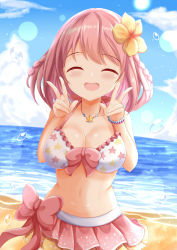 Rule 34 | 1girl, :d, ^ ^, bare arms, bare shoulders, beach, bikini, blue sky, blush, bow, braid, breasts, cleavage, closed eyes, cloud, commentary request, day, facing viewer, flower, frilled bikini, frills, hair flower, hair ornament, hands up, highres, horizon, hoshizaki akari, large breasts, navel, ocean, ongeki, open mouth, outdoors, pink bow, pink hair, print bikini, sand, sky, smile, solo, star (symbol), star print, swimsuit, twin braids, water, white bikini, xenon (for achieve), yellow flower