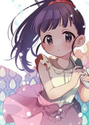 Rule 34 | 1girl, :o, black eyes, black hair, bow, child, collar, commentary, dot nose, flat chest, frilled collar, frilled shirt, frills, fukuyama mai, gradient background, hair ornament, hair scrunchie, hands up, holding, holding umbrella, idolmaster, idolmaster cinderella girls, light blush, long hair, looking at viewer, multicolored background, pink bow, pink skirt, ponytail, red scrunchie, scrunchie, shirt, skirt, sleeveless, sleeveless shirt, solo, umbrella, umehara ume, upper body, waist bow, water drop, white shirt, wind