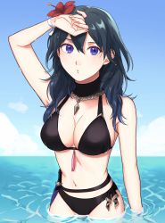 Rule 34 | 1girl, absurdres, arm up, bikini, black bikini, blue eyes, blue hair, blue sky, blush, breasts, byleth (female) (fire emblem), byleth (female) (summer) (fire emblem), byleth (fire emblem), cleavage, cloud, cloudy sky, commentary, cowboy shot, dagger, day, fire emblem, fire emblem: three houses, fire emblem heroes, flower, hair between eyes, hair flower, hair ornament, hand on own head, hibiscus, highres, jewelry, knife, lips, long hair, looking at viewer, medium breasts, navel, nintendo, ocean, official alternate costume, outdoors, parted lips, peach11 01, pendant, puckered lips, ribbon, ripples, sheath, sheathed, sky, solo, standing, stomach, swimsuit, tassel, wading, water, weapon, wet, wet hair, wrist ribbon