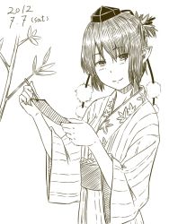 Rule 34 | 1girl, alternate costume, bamboo, dated, female focus, hat, holding, japanese clothes, kawashina (momen silicon), kimono, leaf print, looking at viewer, monochrome, pointy ears, pom pom (clothes), shameimaru aya, short hair, sketch, smile, solo, tanabata, tanzaku, tokin hat, touhou, wide sleeves