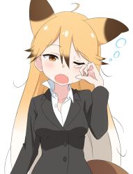 Rule 34 | 1girl, alternate costume, animal ears, bad id, bad twitter id, brown hair, buttons, collared shirt, commentary request, disheveled, extra ears, ezo red fox (kemono friends), finger to eye, formal, fox ears, fox tail, grey jacket, hair between eyes, ilyfon133, jacket, kemono friends, long hair, multicolored hair, office lady, one eye closed, open mouth, orange hair, shirt, sleepy, solo, suit, suit jacket, tail, upper body, white hair, white shirt, yellow eyes
