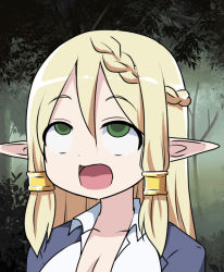 Rule 34 | 1girl, ahegao, blonde hair, braid, commentary request, forest, green eyes, hair between eyes, hair tubes, nature, open mouth, original, pointy ears, rolling eyes, sidelocks, solo, super masara, super masara ahegao, tree, upper body