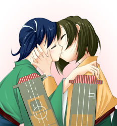 Rule 34 | 10s, 2girls, black hair, blue hair, blush, breasts, brown hair, closed eyes, hand on another&#039;s face, hand on another&#039;s shoulder, hiryuu (kancolle), japanese clothes, kantai collection, kiss, long sleeves, luckluck, multiple girls, personification, ribbon, short hair, side ponytail, skirt, souryuu (kancolle), twintails, wide sleeves, yuri