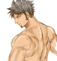 Rule 34 | 1boy, 392mondo, back muscles, bara, black hair, earrings, facial hair, from side, goatee, hat, highres, jewelry, looking at viewer, male focus, nude, one piece, profile, short hair, sideburns, sideways glance, solo, thick eyebrows, trafalgar law, unfinished, upper body