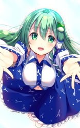 Rule 34 | 1girl, blue skirt, breasts, detached sleeves, frog hair ornament, green eyes, green hair, hair ornament, kochiya sanae, long hair, looking at viewer, midriff, navel, open mouth, outstretched arms, outstretched hand, shirt, simple background, skirt, smile, snake hair ornament, solo, touhou, usume shirou, white background, white shirt, white sleeves