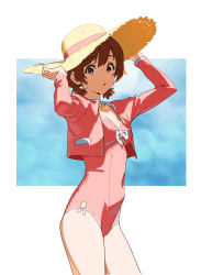 Rule 34 | 1girl, :o, arms up, blue background, bow, breasts, brown eyes, casual one-piece swimsuit, cleavage, covered navel, cowboy shot, cropped jacket, hat, hibike! euphonium, highres, jacket, kamo kamen, long sleeves, looking at viewer, low twintails, medium breasts, one-piece swimsuit, open clothes, open jacket, oumae kumiko, parted lips, pink one-piece swimsuit, short hair, short twintails, solo, straw hat, swimsuit, twintails, white background, white bow, yellow hat