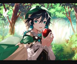 Rule 34 | 1boy, androgynous, apple, beret, black hair, blue hair, bow, braid, brooch, bug, bush, butterfly, collared cape, collared shirt, commentary, corset, day, food, forest, frilled sleeves, frills, fruit, gem, genshin impact, gradient hair, green eyes, green hat, hat, holding, holding food, holding fruit, insect, jewelry, long sleeves, looking at viewer, male focus, multicolored hair, nature, open mouth, outdoors, shirt, short hair with long locks, sidelocks, smile, solo, symbol-only commentary, tree, twin braids, venti (genshin impact), white shirt, yoko (nz g)
