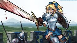 Rule 34 | 1girl, armor, arrow (projectile), arrow in body, blonde hair, blood, blood splatter, bloody weapon, blue eyes, boots, bow, breastplate, brown gloves, circlet, elf, fantasy, foreshortening, gloves, hair bow, highres, open mouth, original, pauldrons, pointy ears, ponytail, ronindude, shield, shoulder armor, solo, sword, thigh boots, thighhighs, weapon