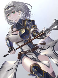 Rule 34 | 1girl, blush, breasts, cleavage, collared shirt, gold trim, green eyes, highres, holding, holding mace, holding weapon, hololive, large breasts, mace, mole, mole on breast, shirogane noel, shirogane noel (1st costume), shirt, smile, solo, tagme, thighhighs, thighs, uni (uni9248), virtual youtuber, weapon, white hair